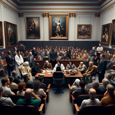 "Artists vs SEC in Hyperrealistic Courtroom Scene - Legal Battle Image Prompt"